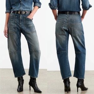 Nili Lotan Shon Jeans Classic Wash Barrel Leg Mid Rise Denim Blue Size 27